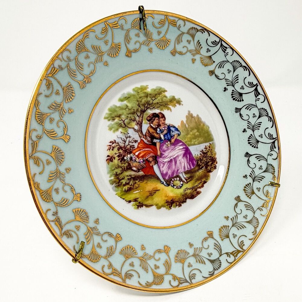 Vintage Limoges France Fragonard Courting Couple Cabinet Plate Gold Gilt 7.5”